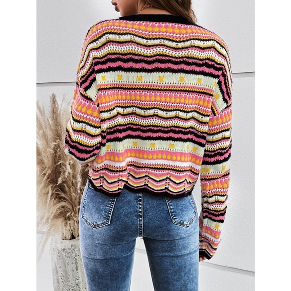 Striped 70s style vintage Pointelle Knit Sweater purple - Picture 9 of 11